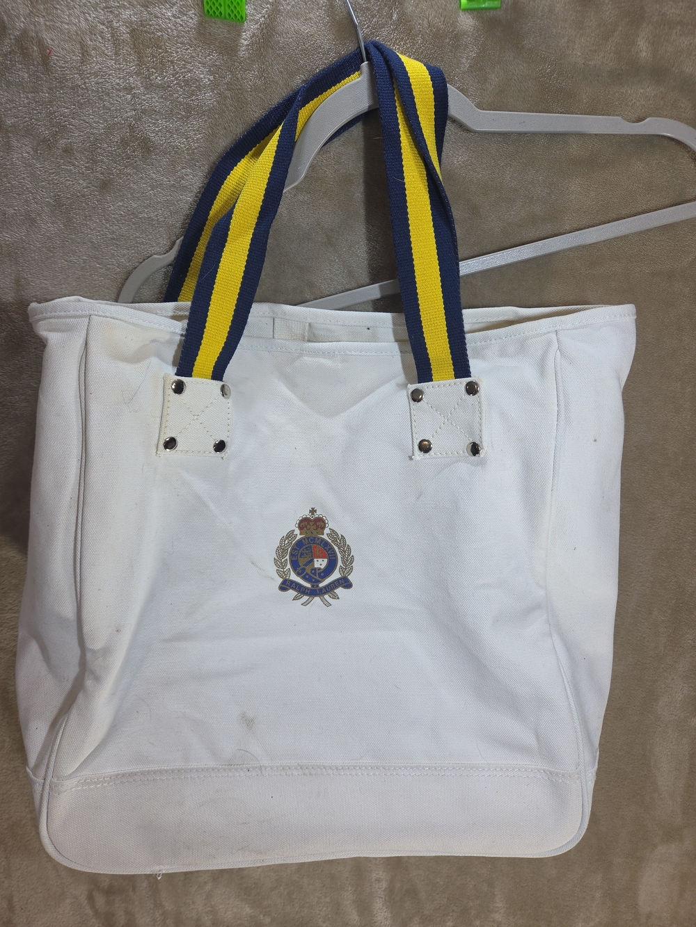 Ralph Lauren White Canvas Tote with Blue and Yellow Striped Handles
